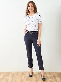 Emily Embroidered Microtwill Ankle Pant in Navy