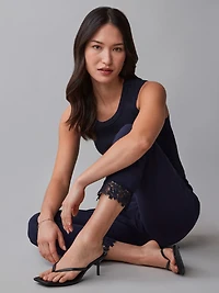 Emily Embroidered Microtwill Ankle Pant in Navy