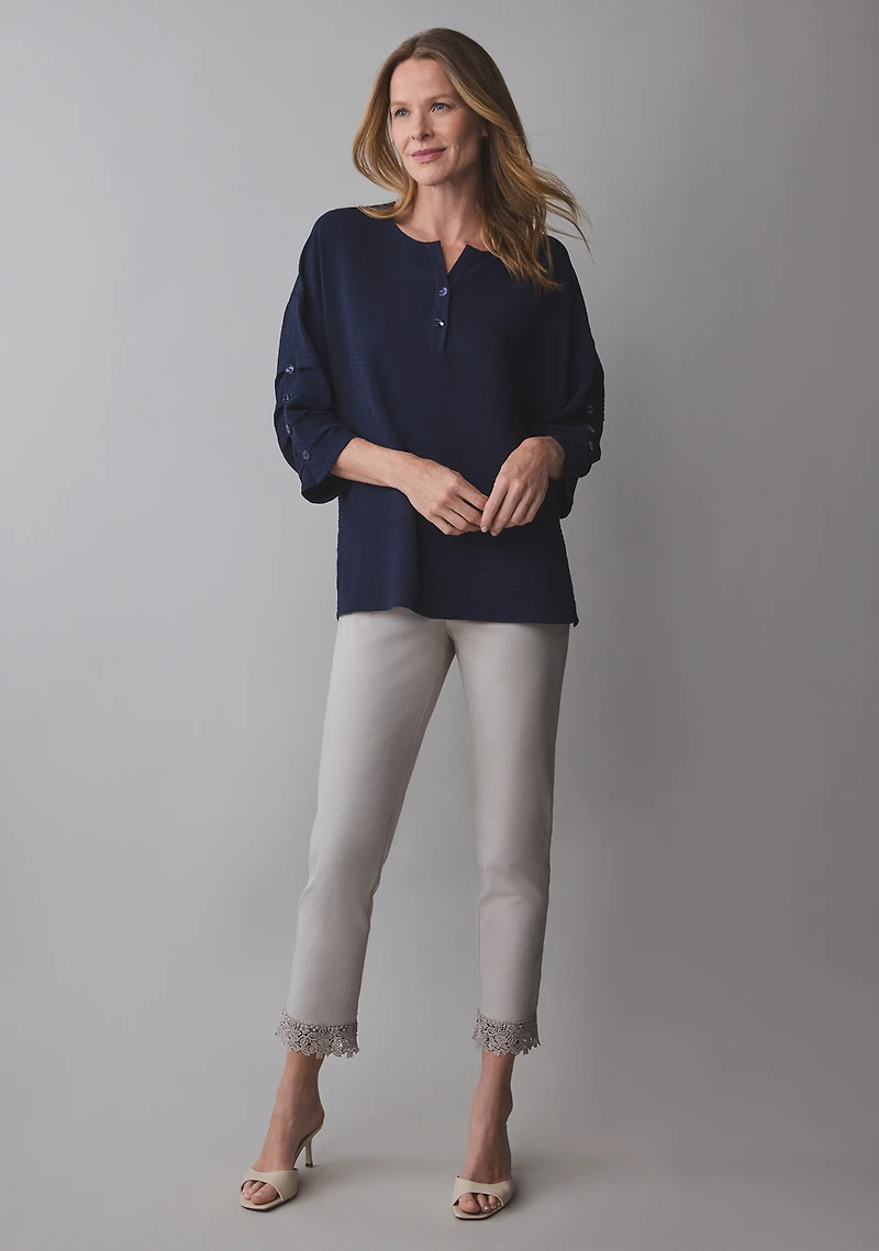 Emily Embroidered Microtwill Ankle Pant in Stone