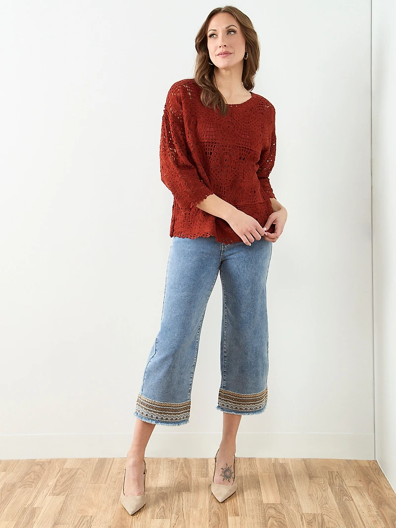 Long Sleeve Crochet Top in Terracotta