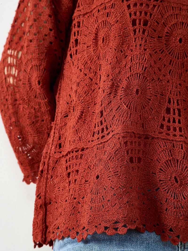 Long Sleeve Crochet Top in Terracotta