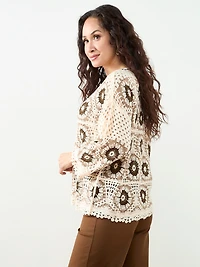 Petite Long Sleeve Crochet Top in Stone