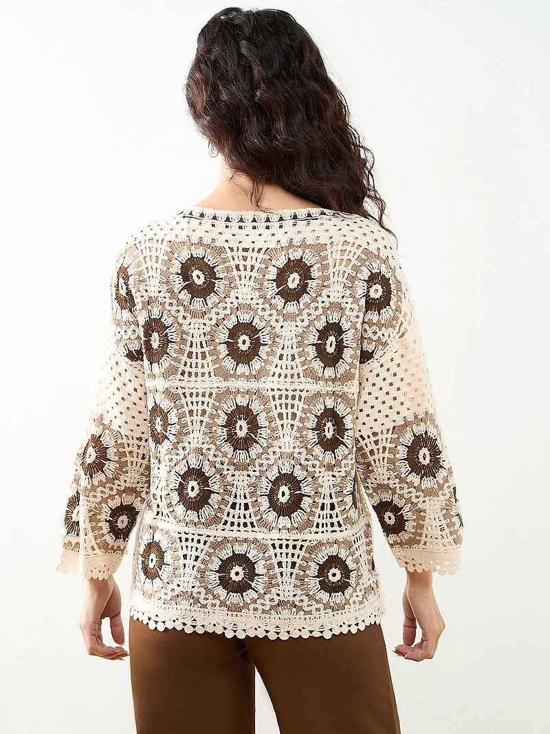 Petite Long Sleeve Crochet Top in Stone