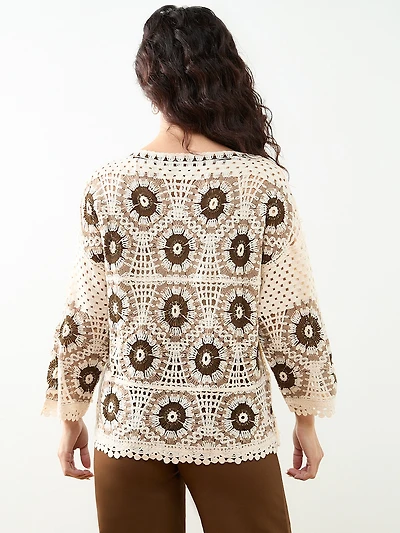 Petite Long Sleeve Crochet Top in Stone