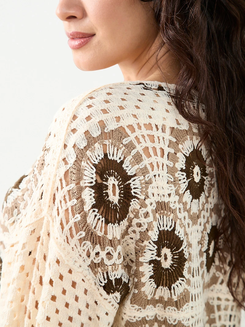 Petite Long Sleeve Crochet Top in Stone