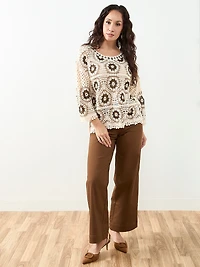 Petite Long Sleeve Crochet Top in Stone