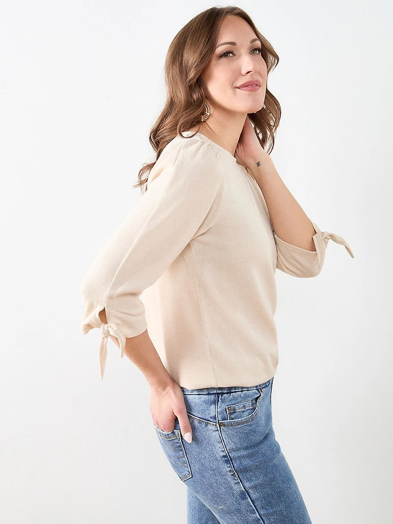 3/4 Tie Sleeve Round Neck Textured Top in Stone