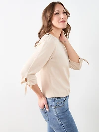 3/4 Tie Sleeve Round Neck Textured Top in Stone