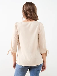 3/4 Tie Sleeve Round Neck Textured Top in Stone