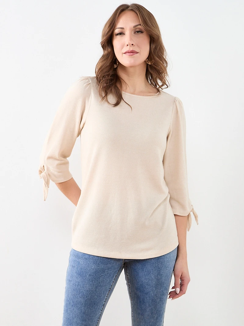 3/4 Tie Sleeve Round Neck Textured Top in Stone