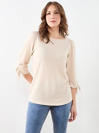 3/4 Tie Sleeve Round Neck Textured Top in Stone