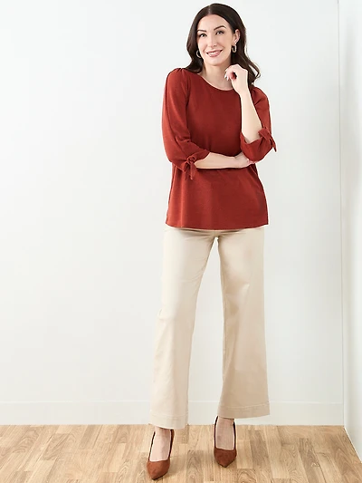 3/4 Tie Sleeve Round Neck Textured Top in Terracotta