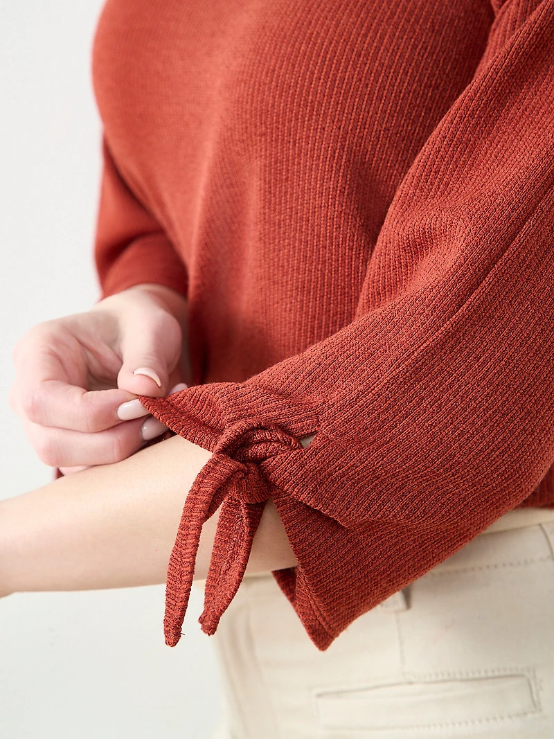 3/4 Tie Sleeve Round Neck Textured Top in Terracotta