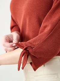 3/4 Tie Sleeve Round Neck Textured Top in Terracotta