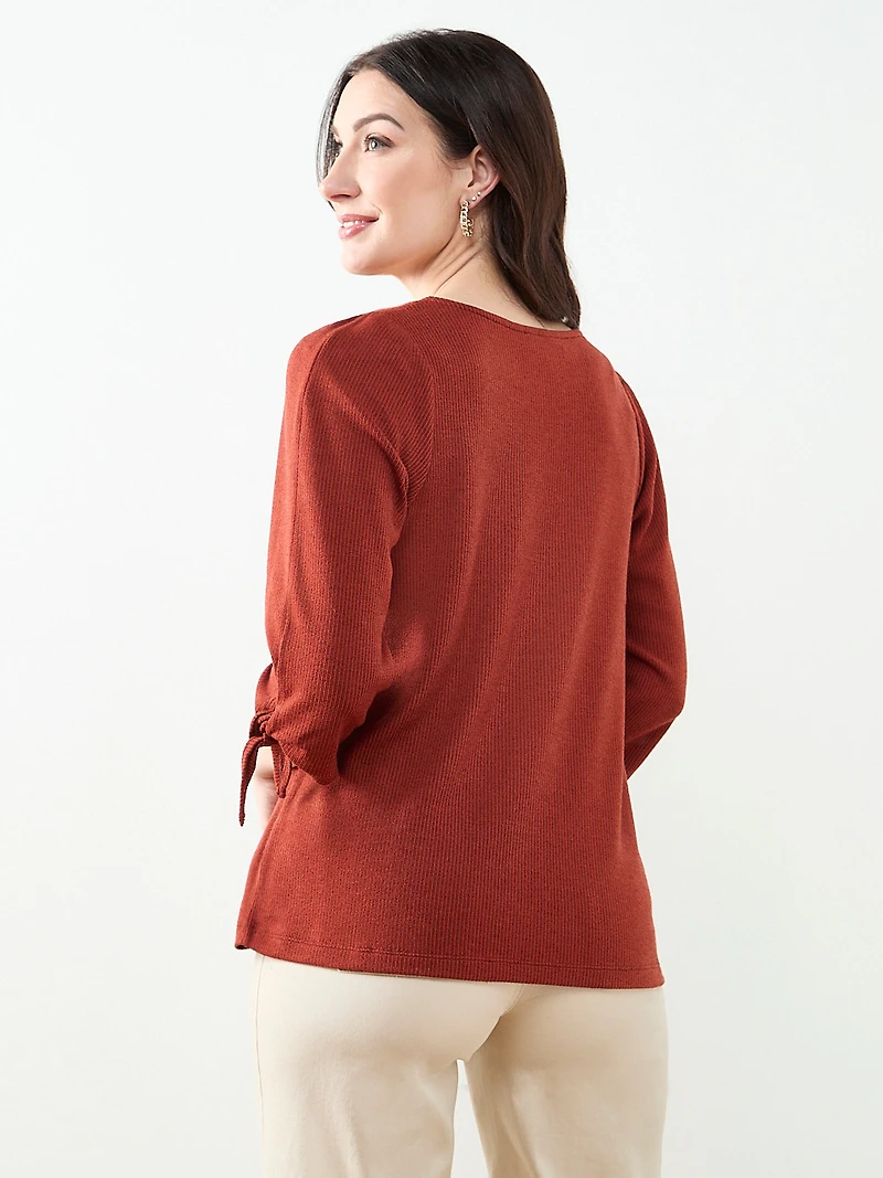 3/4 Tie Sleeve Round Neck Textured Top in Terracotta