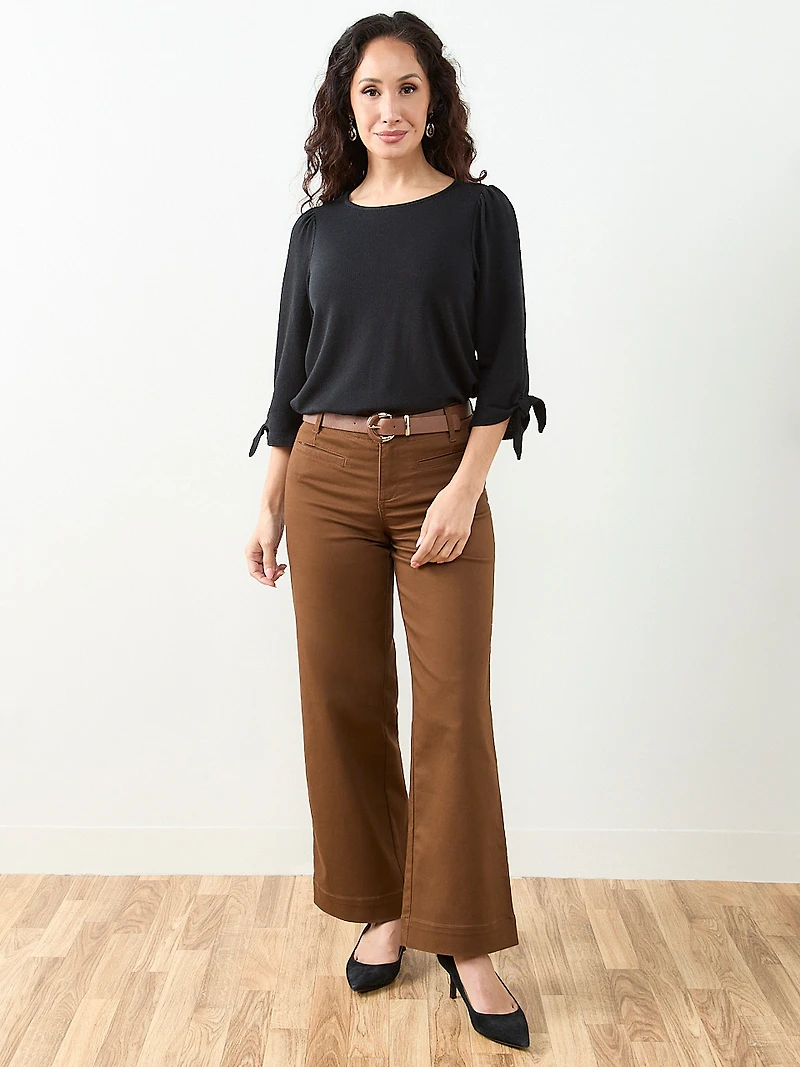 Petite 3/4 Tie Sleeve Round Neck Textured Top in Black