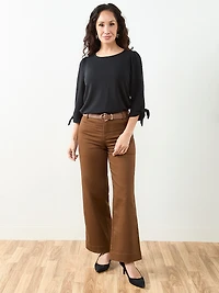 Petite 3/4 Tie Sleeve Round Neck Textured Top in Black