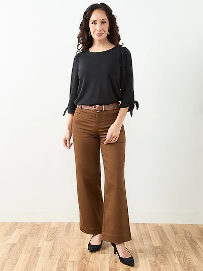 Petite 3/4 Tie Sleeve Round Neck Textured Top in Black