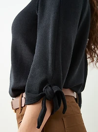 Petite 3/4 Tie Sleeve Round Neck Textured Top in Black