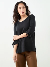 Petite 3/4 Tie Sleeve Round Neck Textured Top in Black