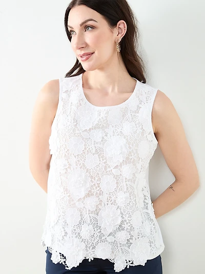 Sleeveless 3D Floral Mixed Media Top in White