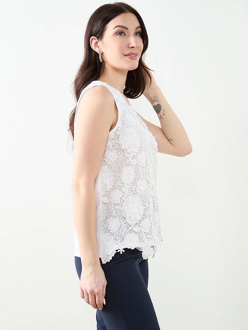 Sleeveless 3D Floral Mixed Media Top in White