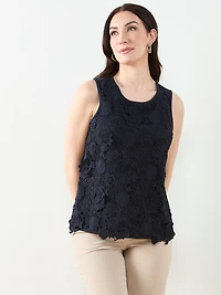 Sleeveless 3D Floral Mixed Media Top in Navy