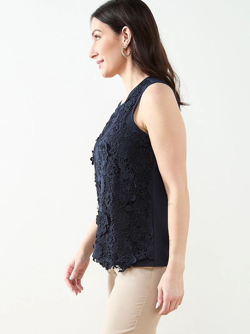 Sleeveless 3D Floral Mixed Media Top in Navy