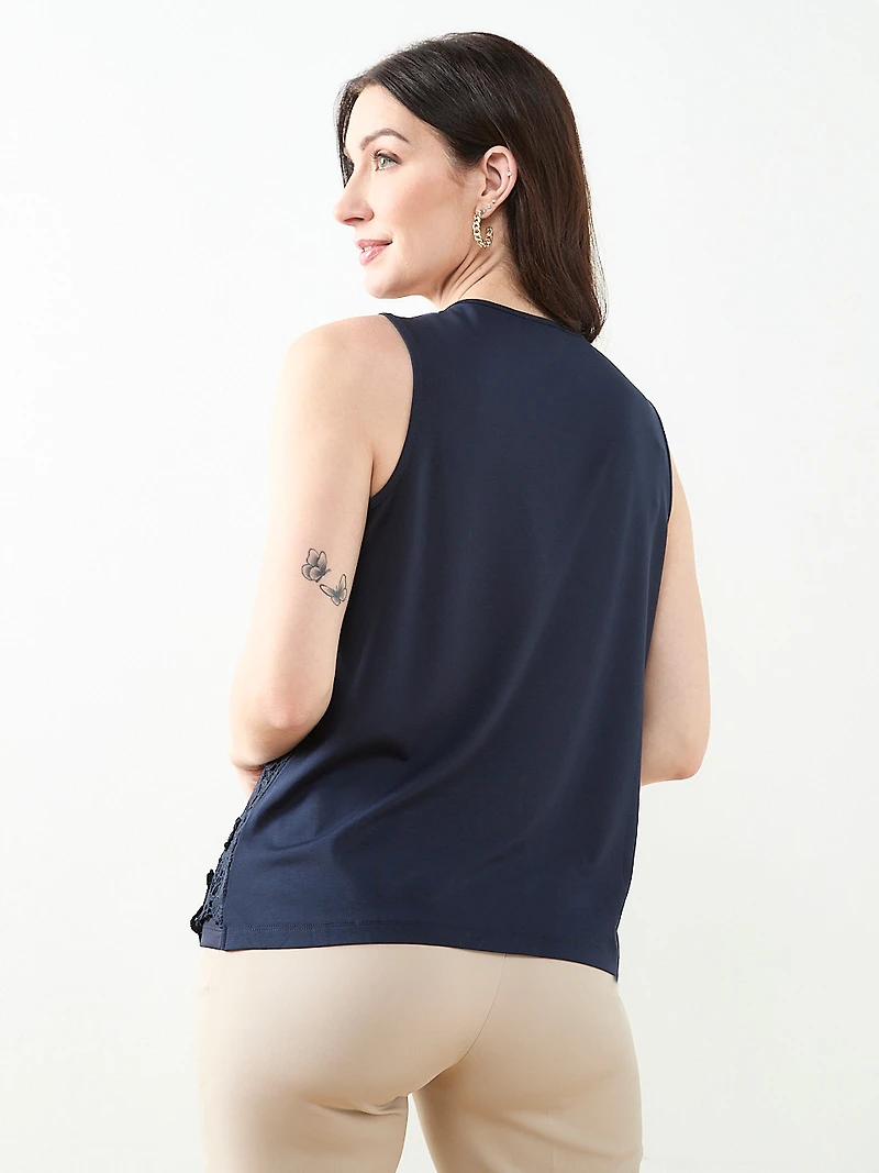 Sleeveless 3D Floral Mixed Media Top in Navy