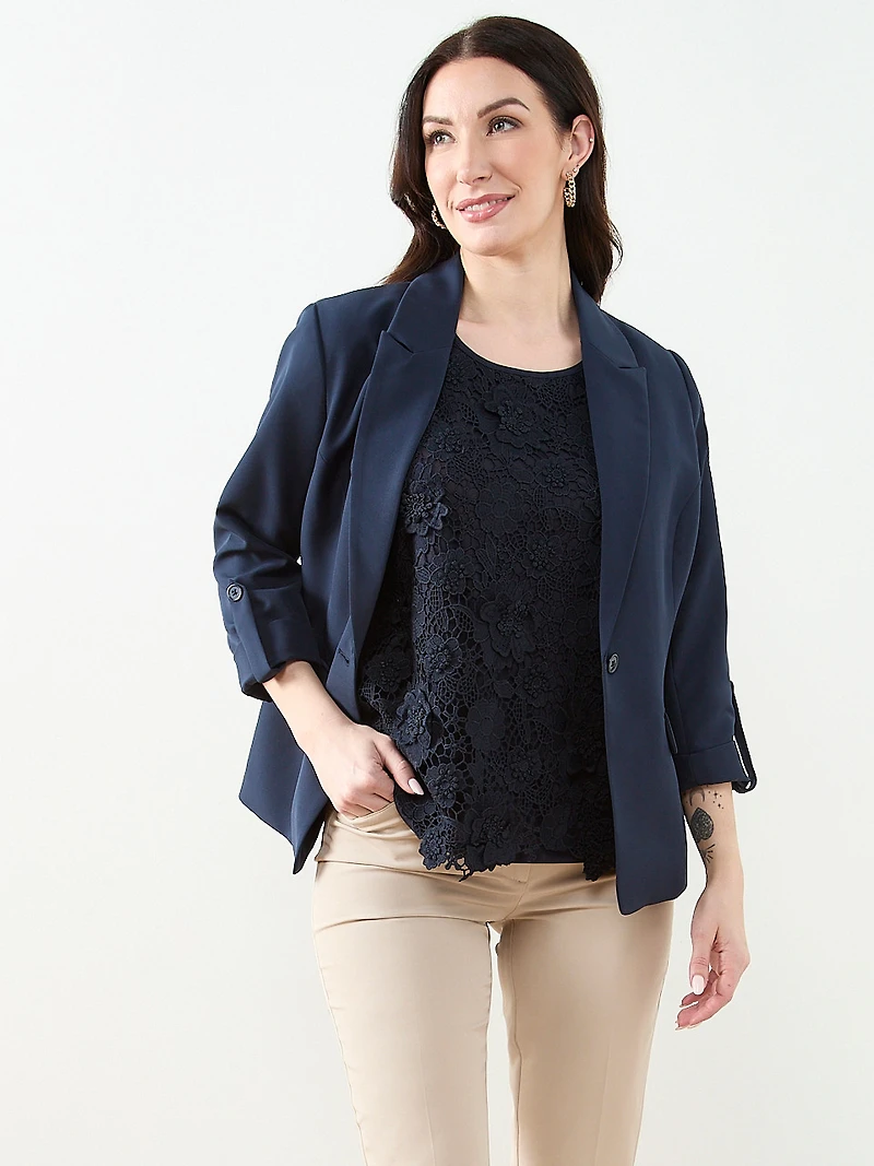 Sleeveless 3D Floral Mixed Media Top in Navy