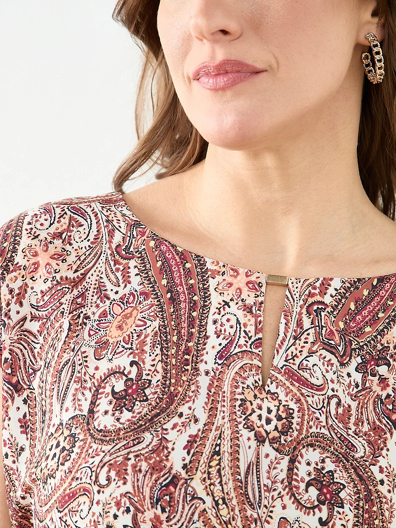 Cap Sleeve Mixed Media Hardware Top in Paisley