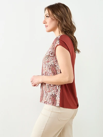 Cap Sleeve Mixed Media Hardware Top in Paisley