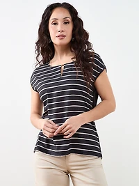 Petite Cap Sleeve Mixed Media Hardware Top in Stripe