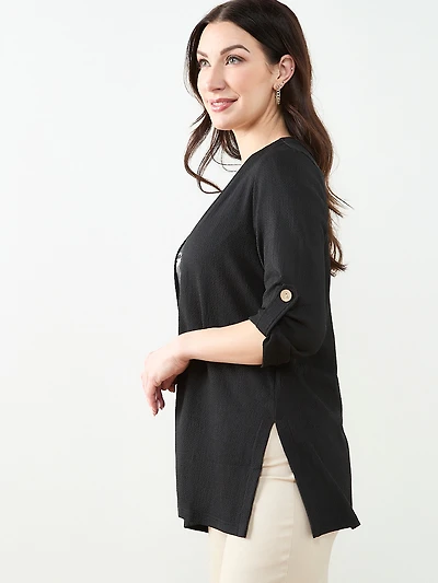 Tabbed 3/4 Sleeve Cardigan in Black
