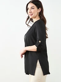 Tabbed 3/4 Sleeve Cardigan in Black