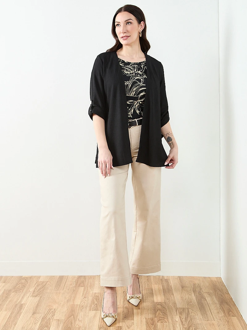 Tabbed 3/4 Sleeve Cardigan in Black