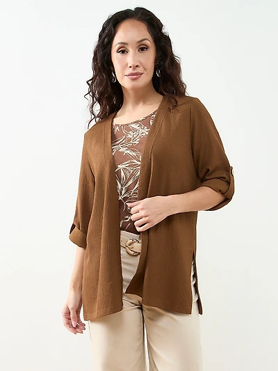 Petite Tabbed 3/4 Sleeve Cardigan in Tobacco