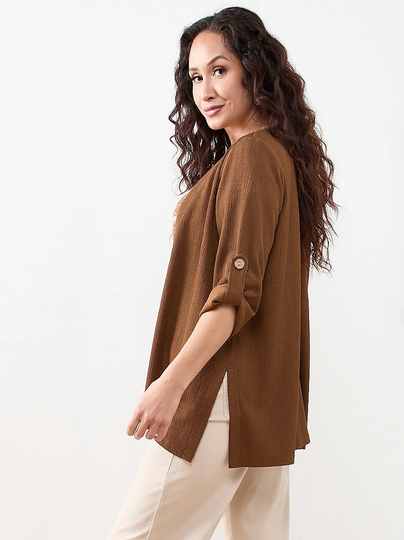 Petite Tabbed 3/4 Sleeve Cardigan in Tobacco