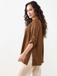 Petite Tabbed 3/4 Sleeve Cardigan in Tobacco