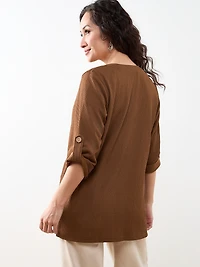 Petite Tabbed 3/4 Sleeve Cardigan in Tobacco