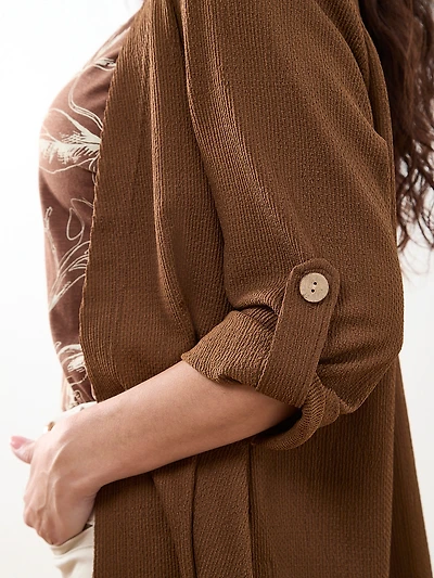 Petite Tabbed 3/4 Sleeve Cardigan in Tobacco