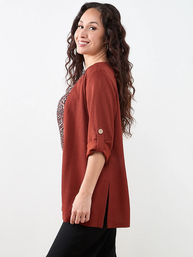 Petite Tabbed 3/4 Sleeve Cardigan in Terracotta