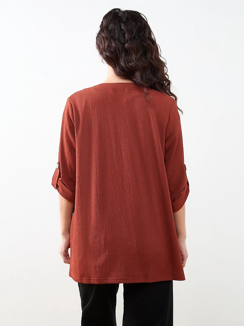 Petite Tabbed 3/4 Sleeve Cardigan in Terracotta