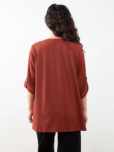 Petite Tabbed 3/4 Sleeve Cardigan in Terracotta
