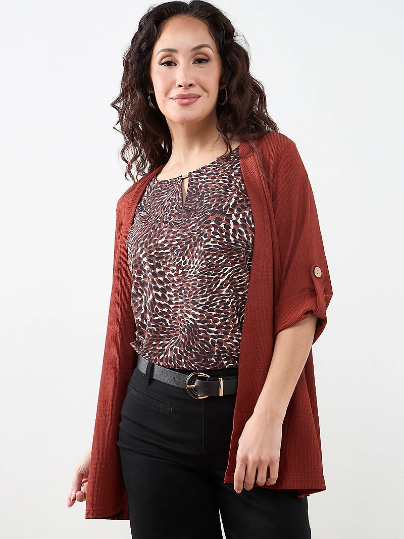 Petite Tabbed 3/4 Sleeve Cardigan in Terracotta