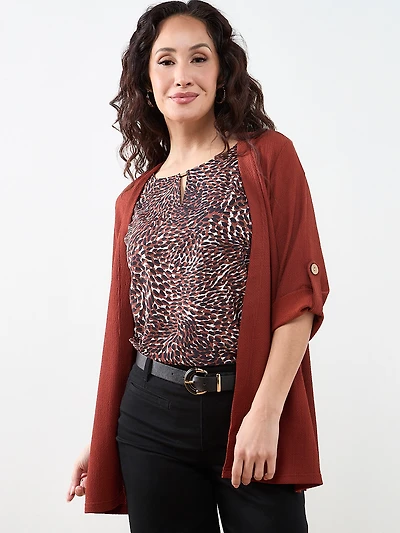 Petite Tabbed 3/4 Sleeve Cardigan in Terracotta