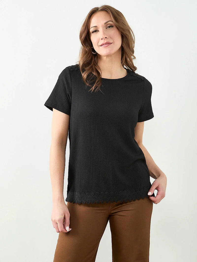 Short Sleeve Crochet Trim Top in Black