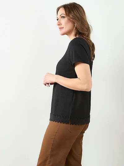 Short Sleeve Crochet Trim Top in Black