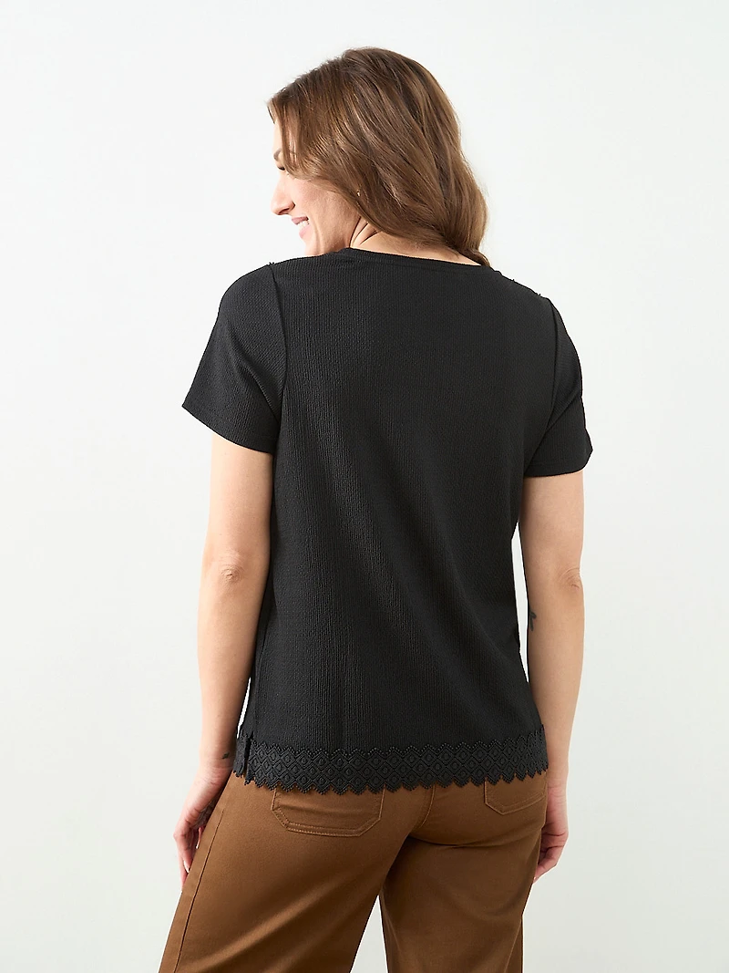 Short Sleeve Crochet Trim Top in Black