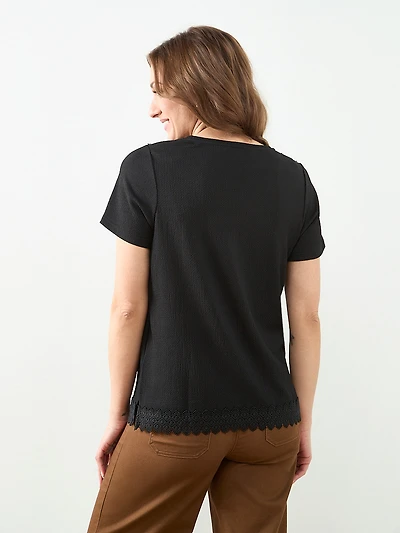 Short Sleeve Crochet Trim Top in Black